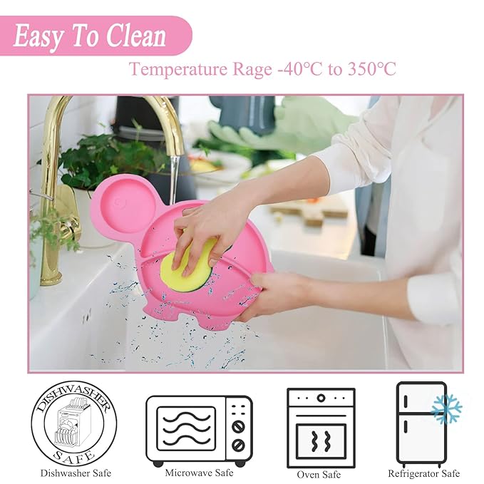 Silicone Suction Plate spoon fork sets for Toddlers,Divided Plate Dish Placemat Bowl for Baby Kids Infant Self Feeding Training，Fits Most Highchairs, BPA Free Microwave Dishwasher Safe-Pink