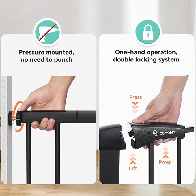 COMOMY 30" Tall Baby Gate for Stairs Doorways, Fits Openings 29.5" to 40.5" Wide, Auto Close Extra Wide Dog Gate for House, Pressure Mounted Easy Walk Through Pet Gate with Door, Black