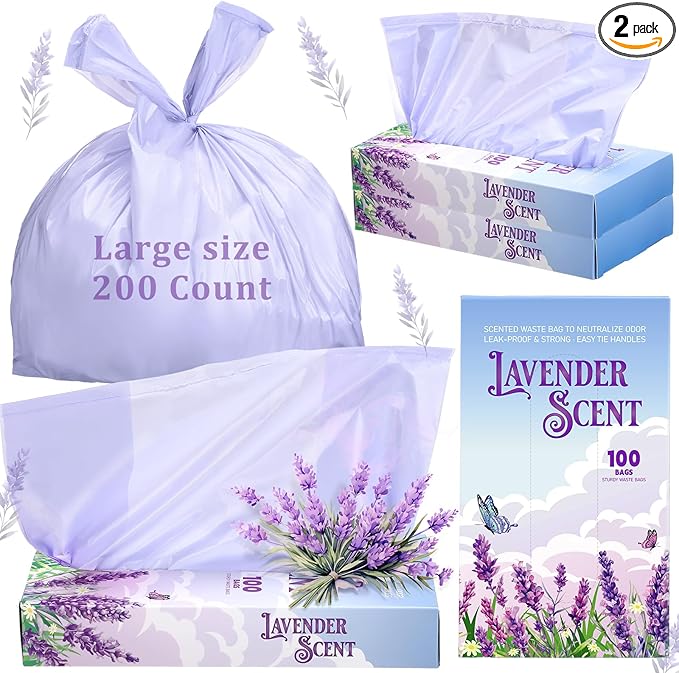 200 Pcs 17.7 x 9.8 in Lavender Scented Hygiene Bags Discreet Waste Disposal for Feminine Products, Diaper Disposal or Pet Waste Sacks with Easy-to-tie Tabs
