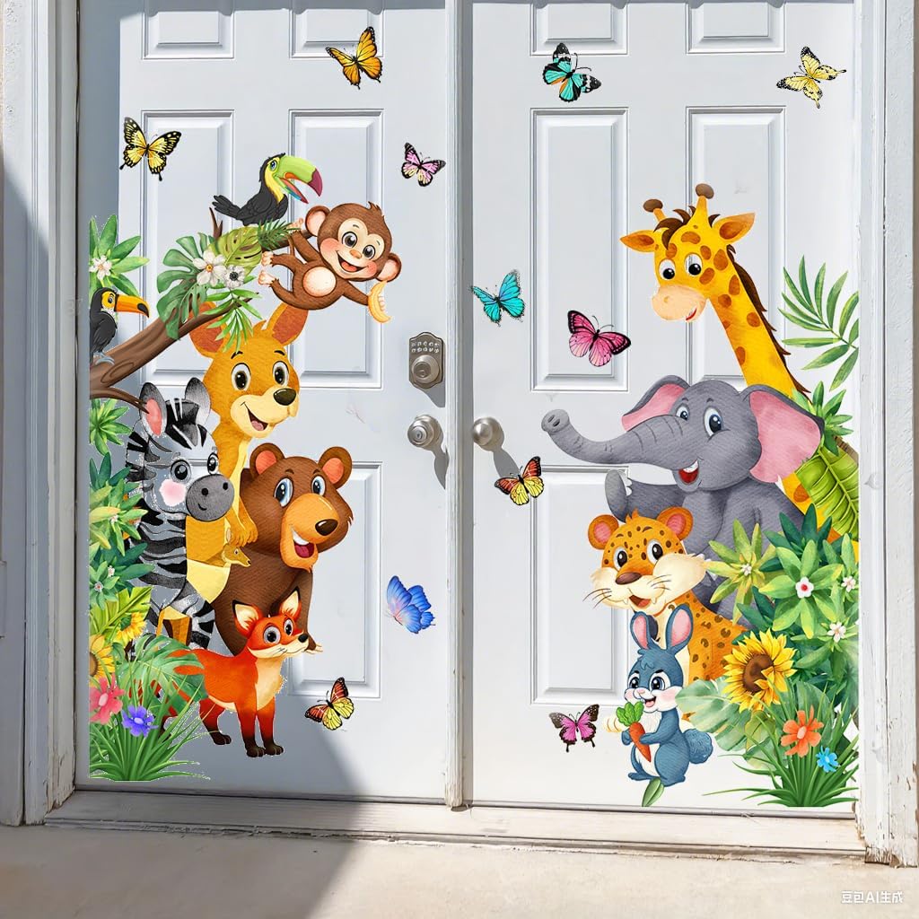 Jungle Animal Wall Decals, Cartoon Animal Sticker Safari Elephant Lion Monkey Wall Decals for Baby Room Playroom Bedroom Classroom Kindergarten Decor