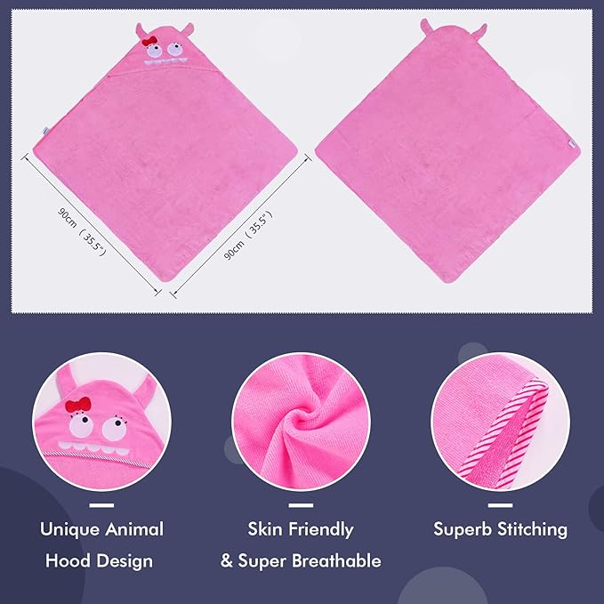 MICHLEY Animal Face Hooded Baby Towel Cotton Bathrobe for Boys Girls 0-6 Year Pink