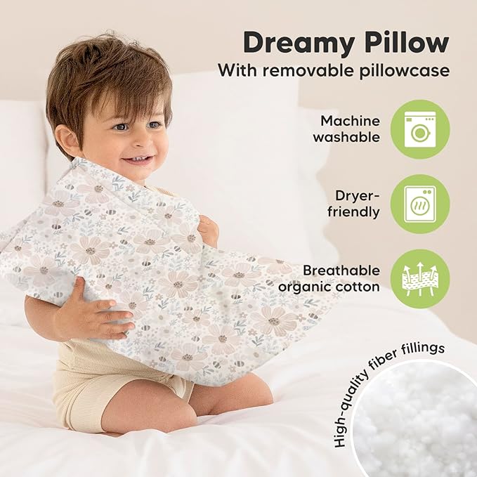 Toddler Pillow with Pillowcase - 13x18 My Little Dreamy Kids Travel Bed Pillows for Sleeping, Organic Cotton Small Pillowcase, Soft & Breathable, Machine Washable, Toddlers 2-5 Years Old (Flora Vale)