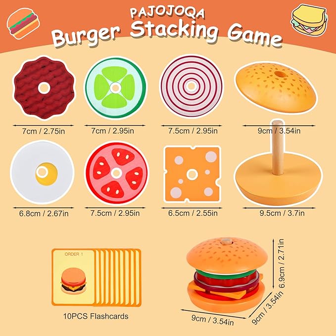 Wooden Burger Stacking Toys Montessori Toys For Toddlers Preschool Education Activity Board Game Early-Education Matching Speed Race Pretend Toy Food Back To School (Burger)