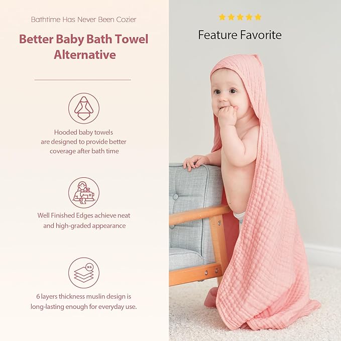 Hooded Baby Towels for Newborn - 2 Pack, 100% Muslin Cotton, Baby Bath Towels with Hood, Soft and Absorbent for Girls Infant, Toddler and Kids, Large 32x32 Inches, Newborn Essential