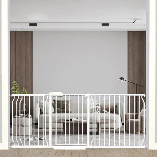 76.3-81 Inch Extra Wide Baby Gate, Pressure Mounted No Drill, Extra Wide Safety Gate for Large Entries, White Metal with Extension Kit