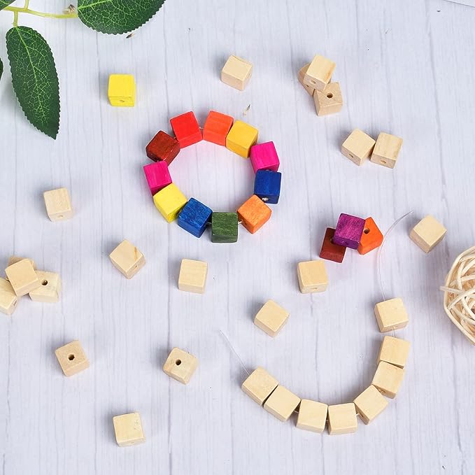 Supkiir Wood Craft Cubes, 100Pcs Wooden Craft Blocks with Holes, Unfinished Wood Cubes for DIY Projects Alphabet, Small Wooden Square Blocks (0.47in-12mm)
