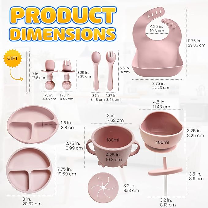 Baby Led Weaning Supplies |10 Piece Silicone Baby Feeding Set, Baby Toddler Bib Cup Divided Plate and Bowl Self Feeding Spoons Dish Set | Baby Utensils,Toddler Feeding Supplies (Rose Quartz)