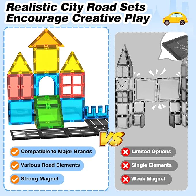 Magnetic Tiles Road Sets with Car, Magnetic Building Blocks Toys for 3+ Year Old Boys Girls, Montessori Magnet Kids Toys, Construction Toys for Ages 3 4 5 6 7 8 Christmas Birthday Gifts for Toddlers