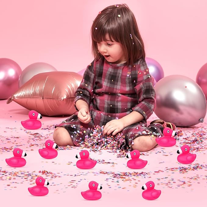 12 PCS Flamingo Rubber Ducks, Pink Cute Flamingo Duck, Floating Squeaky Bath Toys for Baby Shower Birthday Party Favors, Mini Rubber Ducks for Cake Decoration Classroom Prizes
