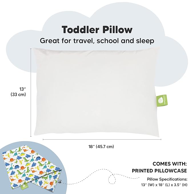 Toddler Pillow with Pillowcase - 13x18 My Little Dreamy Kids Travel Bed Pillows for Sleeping, Organic Cotton Small Pillowcase, Soft & Breathable, Machine Washable, Toddlers 2-5 Years Old (Happy Dino)