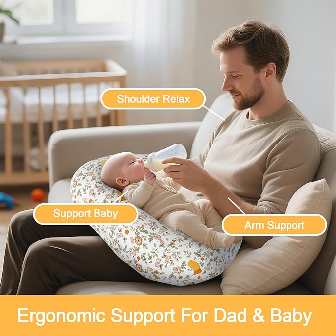 Nursing Pillow, Breastfeeding Pillow with Removable Cotton Cover, Baby Feeding Pillow for Mom Easier Breast Feeding and Bottle Feeding, Breastfeeding Support Cushion for Newborn (Flower Beige)