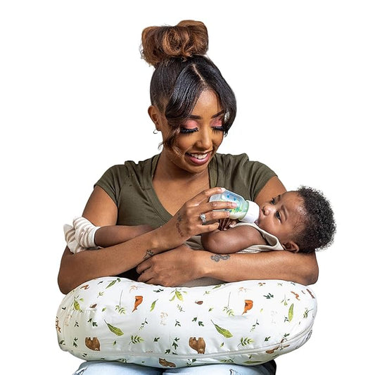 Boppy Nursing Pillow - Ergonomic Bottle & Breastfeeding Pillow with High, Firm, Large Area, Water-Repellent Cushion with Washable Cover; Baby Safety Alliance Verified - Neutral Plants and Animals