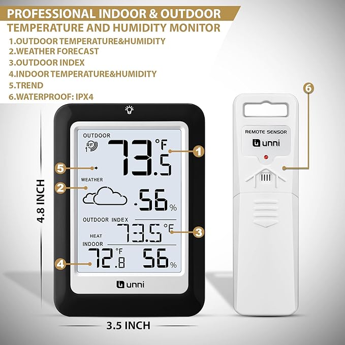 Indoor Outdoor Thermometer Hygrometer Wireless Weather Station, Temperature Humidity Monitor Battery Powered Inside Outside Thermometers with 330ft Range Remote Sensor(Black)