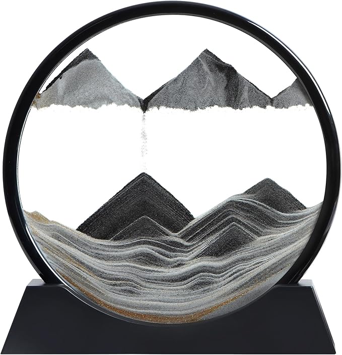 Moving Sand Art Liquid Motion, 3D Deep Sea Sandscape Color Quicksand Decor, Round Glass Moving Sand Art Picture Relaxing Desktop Home Office Work Decor (Black, 12 inch)