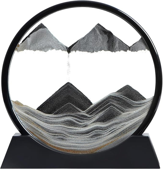 Moving Sand Art Liquid Motion, 3D Deep Sea Sandscape Color Quicksand Decor, Round Glass Moving Sand Art Picture Relaxing Desktop Home Office Work Decor (Black, 12 inch)