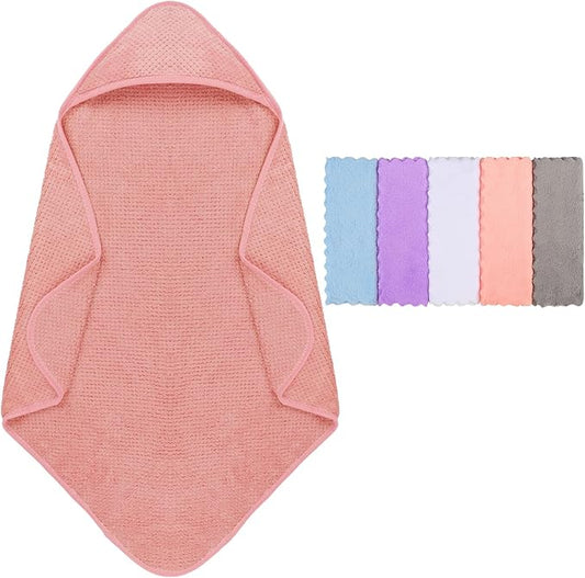 Orighty Baby Hooded Towel with Five Washcloths, 28 x 28 Inch Super Soft Bath Towel with Hood for Babies, Infant, Newborn Essential - Ideal Baby Stuff Registry for Boys and Girls (Pink)