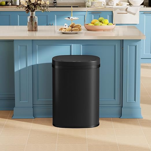 Stainless Steel Kitchen Trash Can Bathroom Bedroom Office Waste Bin with Lid Automatic Sensor Touch Free Garbage Can 13 Gallon / 50L,Black