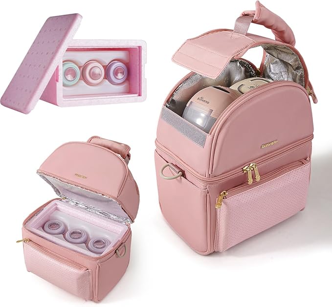 Sunveno Breastmilk Cooler Bag Set with 2 Ice Packs & Detachable Insulation Box, 15-Hour Cold Retention Foil-Lined Leak-Proof Tote Fits 3 Baby Bottles for On-The-Go Pumping Moms, Daycare & Travel,Pink