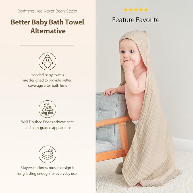 Hooded Baby Towels for Newborn - 2 Pack, 100% Muslin Cotton, Baby Bath Towels with Hood, Soft and Absorbent for Boys, Girls Infant, Toddler and Kids, Large 32x32 Inches, Newborn Essential