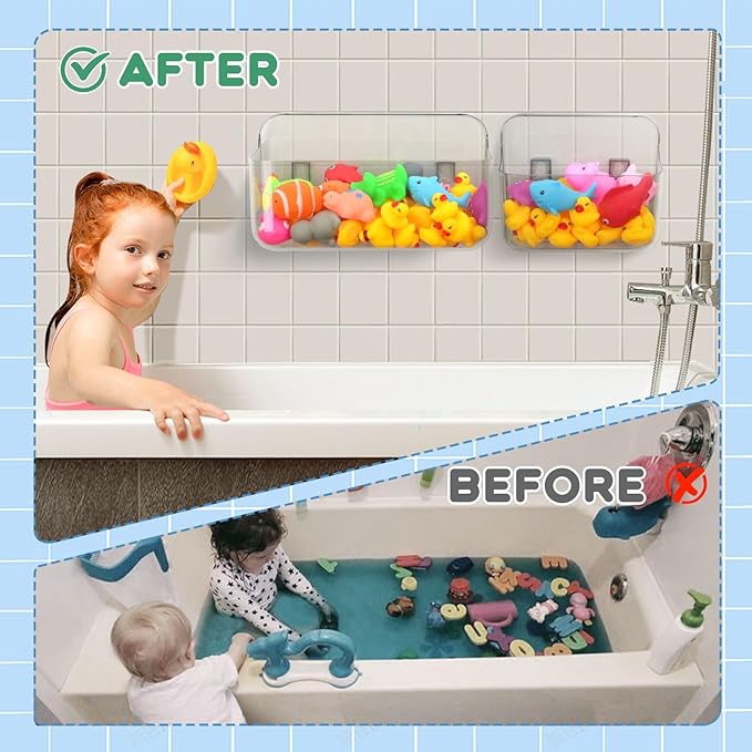 Bath Toy Storage Holder for Bathtub 4pcs, Large Capacity Clear Bath Toy Holder,Staple Free Sticky Bath Toy Organizer,Suitable for Bathroom Toy Organisation and Storage