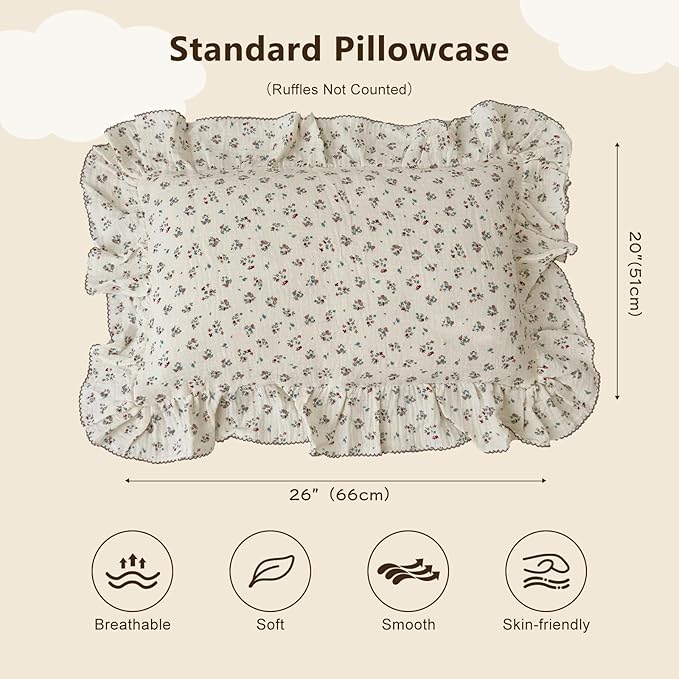 BuLuTu Girls Boys Kids Pillowcase Standard Size, Floral Pattern, 20"x26", 1 pc, Soft Breathable Muslin Cotton Toddler Bed Pillow Cases Kids Bedding Room Decor, Envelope Closure