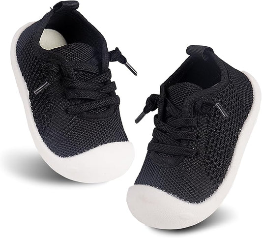 Baby Girl&Boy Toddler First Walking Shoes 6-12 Months Size 3 Black Barefoot Slip On Wide Toe Box Shoes Soft Footmates Casual Tennis Indoor Flexible Learning to Walk Rubber Sneakers