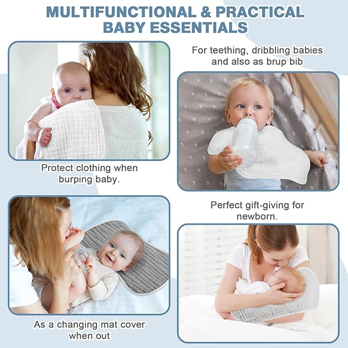 MUKIN Baby Muslin Burp Cloth Set of 6, Ultra Soft Absorbent Thick Cotton Burping Cloths for Unisex Newborn Babies, 20'' by 10'' Neutral Milk Spit Up Rags Boys Girls - Baby Must Haves. (Gradient Grey)