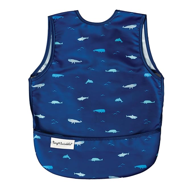 Tiny Twinkle Short Sleeve Apron Baby & Toddler Bib for Boys – Waterproof, Mess-Proof Bibs for Eating & Feeding, Machine Washable, Perfect Holiday Gift (Ocean Life, 6–24M)