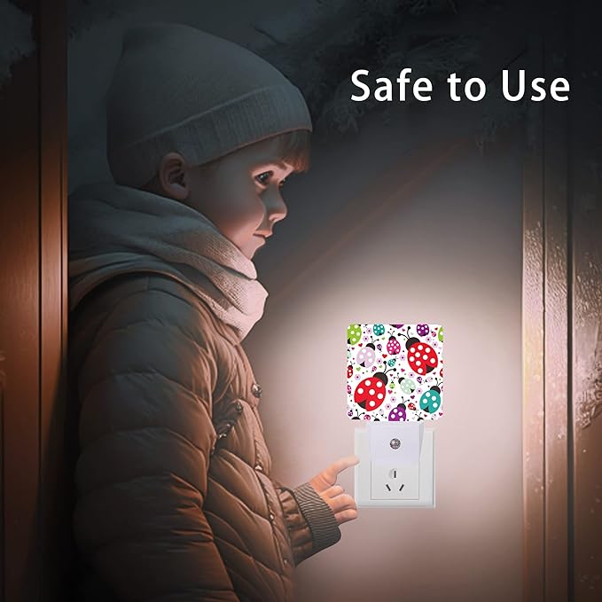Ladybug Night Light,Cartoon Cute Ladybugs Plug in Night Lights Auto LED Lamp Energy Saving Square Lights for Boys Girls Men Women Gifts
