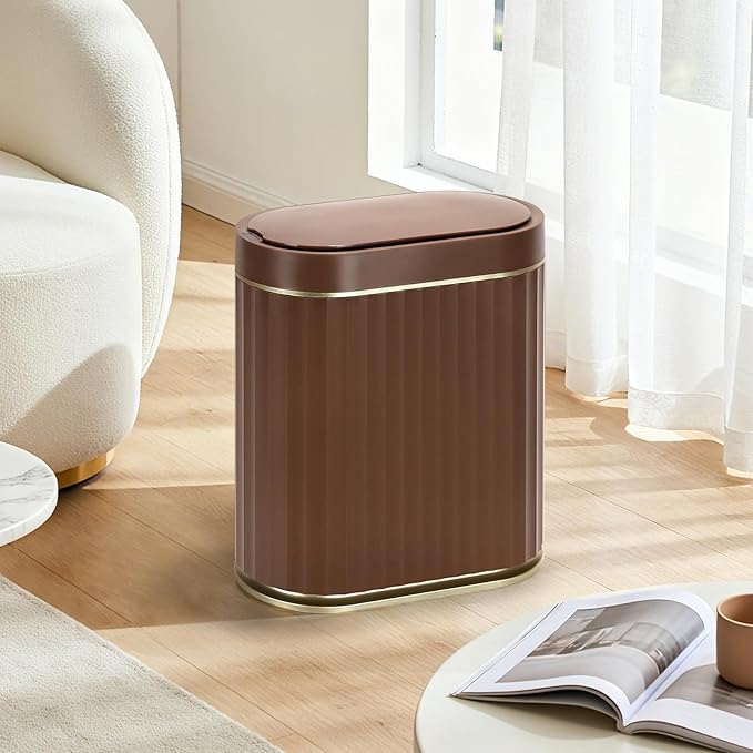 ELPHECO Bathroom Motion Sensor Trash can 2 Gallon Automatic Garbage Can, Slim Plastic Smart Trash Can with Lid, Commercial Intelligent Trash Bin for Bedroom, Bathroom, Office, Brown