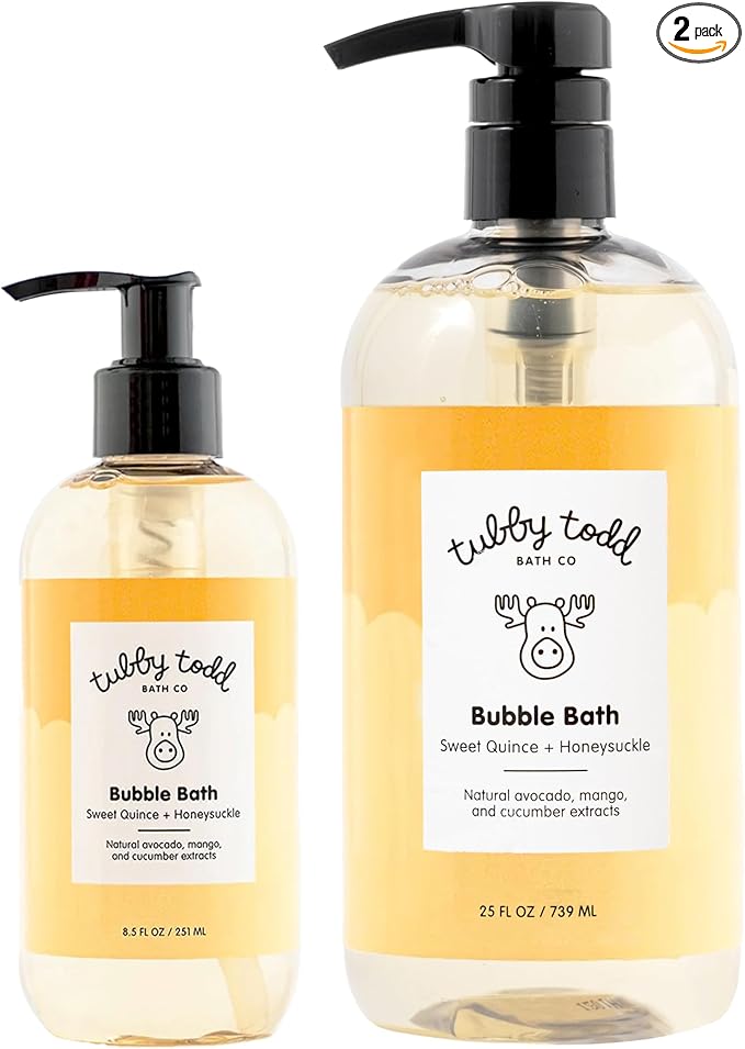 TUBBY TODD Bubble Bath for Kids, Toddlers & Babies - Hypoallergenic, Non-Irritating Sensitive Skin Bubble Bath - 2 Pack, 25 fl oz & 8 fl oz - Sweet Quince & Honeysuckle