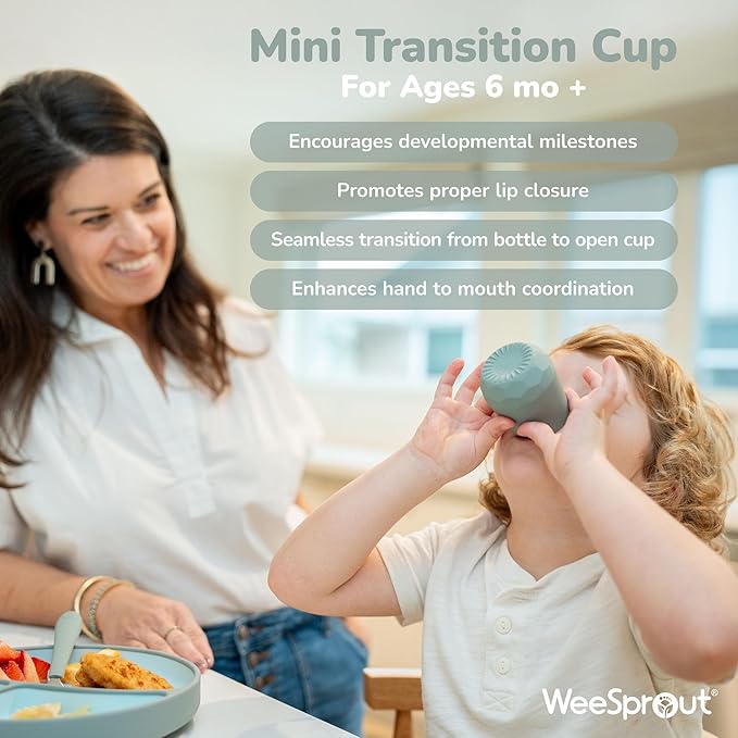 WeeSprout Silicone Baby Training Cups - Set of 2 Soft Silicone Cups - 2 oz Open Cup for Baby 6+ Months - Non-Slip Grip, Weighted Base - Gentle on Gums & Teeth (Matte Blue & Matte Green)