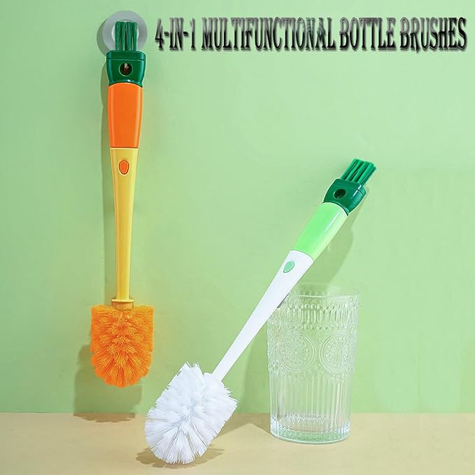 Multi-Role Bottle Brush, Long Handle Bottle Brush Cleaner, Flexible Scrub Brush for Water Bottles, Glasswares, Cup, Safe On Multiple Types of Vacuum Cup, Baby Bottles, Vases 2Pcs (4-in-1)