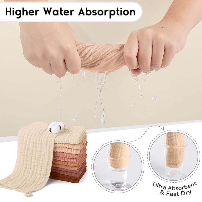 Muslin Burp Cloths for Baby 100% Cotton Burping Cloths for Boys Girls Large 20''X10'' Extra Soft and Absorbent 12 Pack - Gradient Caramel