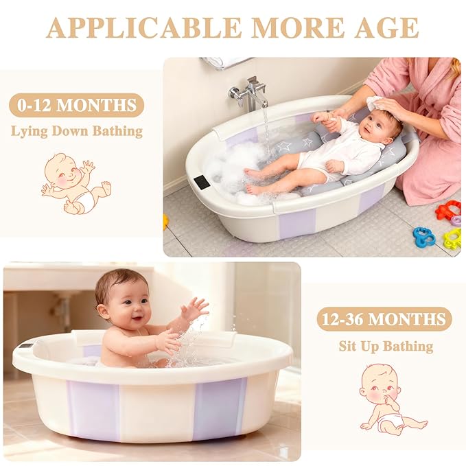 Baby Bathtub, Baby Bath Tub with Thermometer & Soft Cushion, Collapsible Infant Bathtub for Newborn to Toddler 0-36 Months, Quick Use & Portable for Travel(Purple)