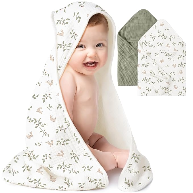 Konssy 2-Pack Muslin Hooded Baby Towels, 100% Cotton, Ultra-Soft & Absorbent Baby Bath Towels with Hood for Newborn & Infant (Fog Green, Sprout, 32" x 32")
