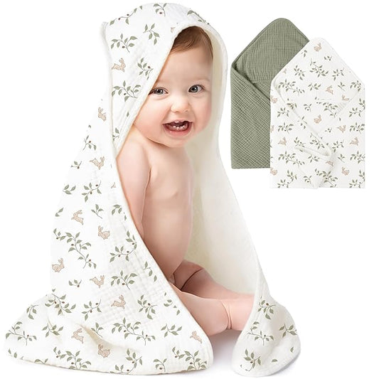 Konssy 2-Pack Muslin Hooded Baby Towels, 100% Cotton, Ultra-Soft & Absorbent Baby Bath Towels with Hood for Newborn & Infant (Fog Green, Sprout, 32" x 32")