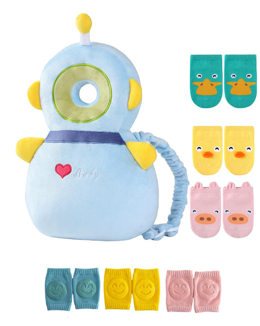 JunNeng Toddler Baby Head Protector Backpack for Toddler Walker with Knee Pads&Anti-Slip Socks, Robot Blue