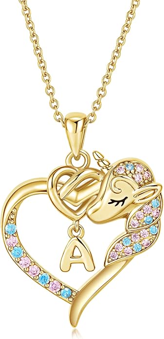Unicorn Necklaces for Teen Girls Kids - Colorful CZ 18K Gold Plated Heart Initial Necklaces for Women Gold Jewelry Birthday Unicorn Gifts for Girls 6-8 Women