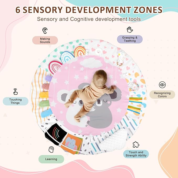 Baby Play Gym & Activity Mat, Tummy Time Mat with Tummy Time Pillow 7 Detachable Sensory Toys and Educational Cards for Motor Skills & Sensory Development, Baby Essentials Shower Gift, Pink Koala