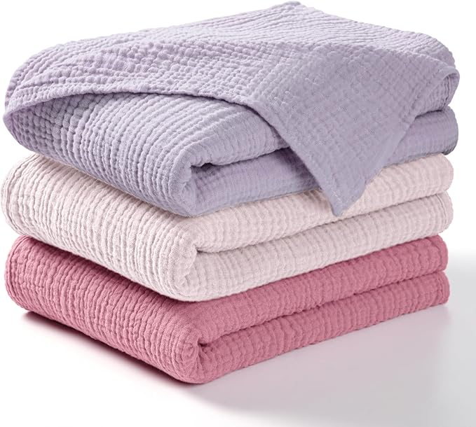 lulumoon Muslin Swaddle Blanket Baby - Cotton Swaddling Blanket Soft Baby Receiving Blankets Neutral 3Pack(Pink+Purple)