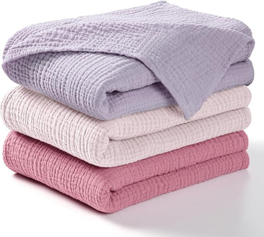 lulumoon Muslin Swaddle Blanket Baby - Cotton Swaddling Blanket Soft Baby Receiving Blankets Neutral 3Pack(Pink+Purple)