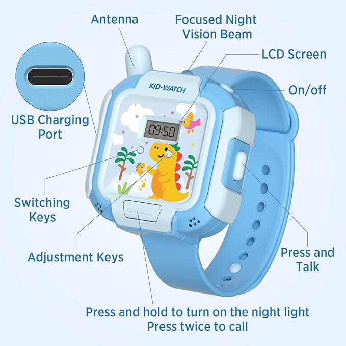Walkie Talkies for Kids Rechargeable 2 Pack, Wearable Wrist & Lanyard Watch with Flashlight, Fun Stickers, Toys Gifts for Boys Girls Age 3-12 for Outdoor Camping, Hiking, Birthday, Christmas (Blue)