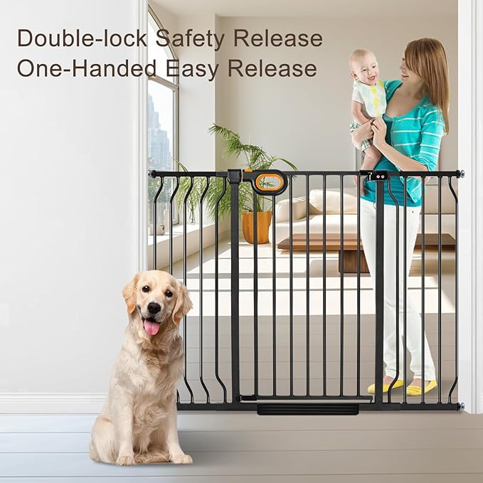 owlie 37.4" Extra Tall Wide Baby Gate for Stairs Doorways,75-85 Inch Extra Large Long Baby Gate with Door Indoor Safety Metal Pressure Mounted Pet Gate with Walk-Thru Auto Close, Black