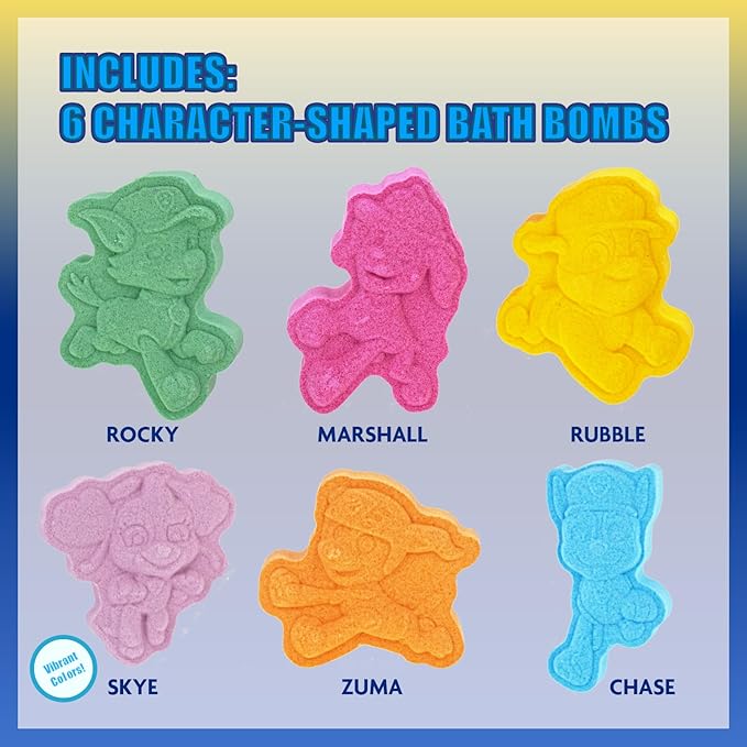 Paw Patrol 6 Pack Cucumber Melon Scented Bath Bombs Non-Toxic Character Molded Bath Bombs Fun and Bright Colors Great for Birthday Gifts, Stocking Stuffers, Slumber by Townley Girl