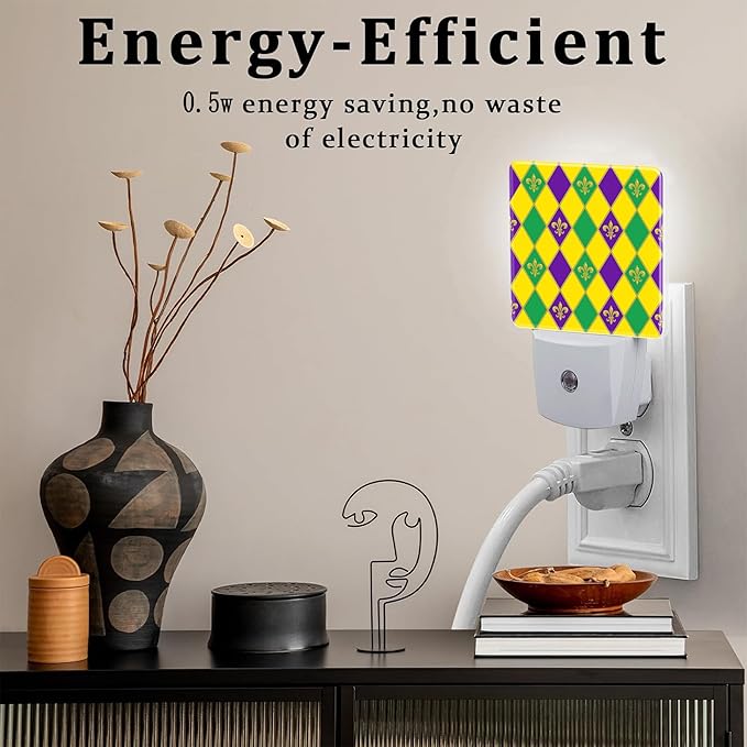 Mardi Gras Carnival Night Light, Colorful Fleur-de-lis Dusk to Dawn Night Light Plug in, 0.5w Energy Saving Sleep Friendly NightLight for Kids Boys Girls Home Decor