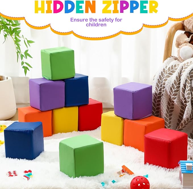 Civaner 12 Pcs Foam Building Blocks for Kids 5.51 Inch Colorful PU Leather Foam Counting Cubes Stacking Block Sets Building Throwing Toys for Toddler Math Preschool Learning Birthday Gift