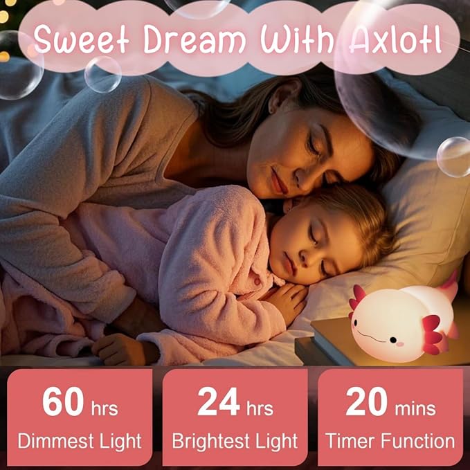 Axolotl Cute Night Light for Kids, Axolotl Lamp Girls Xmas Gifts, Rechargeable Bedside Nightlight, Squishy Dimmable Silicone LED Funny Animal Light, Baby Nursery Dorm Kawaii Décor Toys
