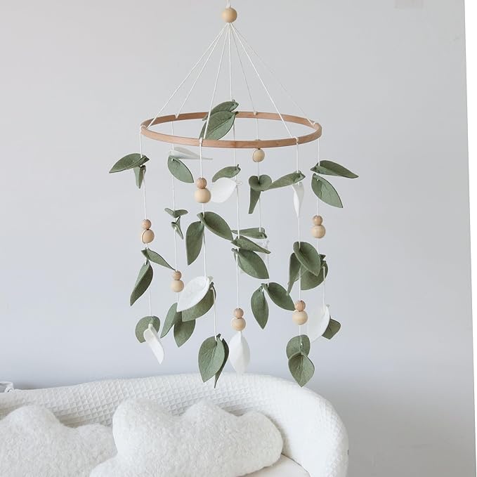 Green Leaf Crib Mobile Forest Baby Mobile for Crib Green Leaf Baby Crib Mobile with Wooden Bead Woodland Baby Mobile for Bassinet Toys Hanging