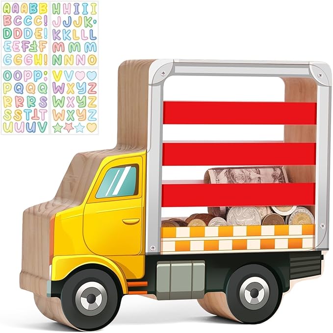 Wooden Piggy Bank for Kids, Truck Piggy Bank with Acrylic Panels, Unbreakable Toddler Money Box for Boys and Girls, DIY Kids Safe Coin Box with Letter Sticker, Birthday Gift